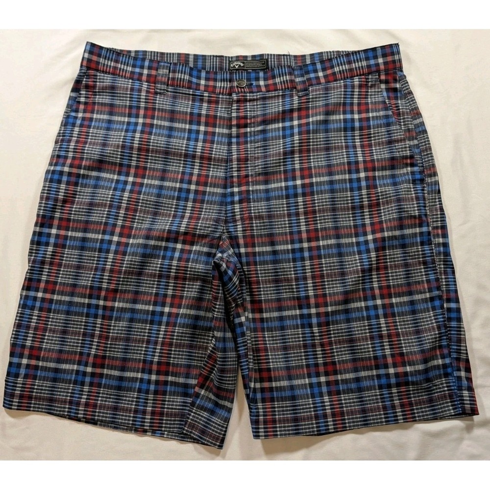 Callaway Golf Shorts Men's 38 Plaid Blue Red Flat Front Stretch Performance 10"
